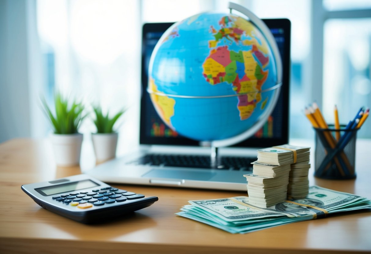 A desk with a laptop, financial charts, and a globe. A stack of currency from different countries and a calculator