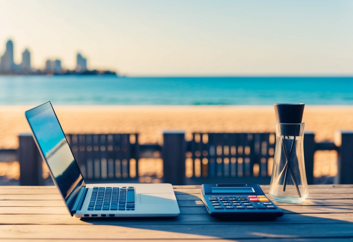 A sunny Australian beach with a laptop, calculator, and UK property images