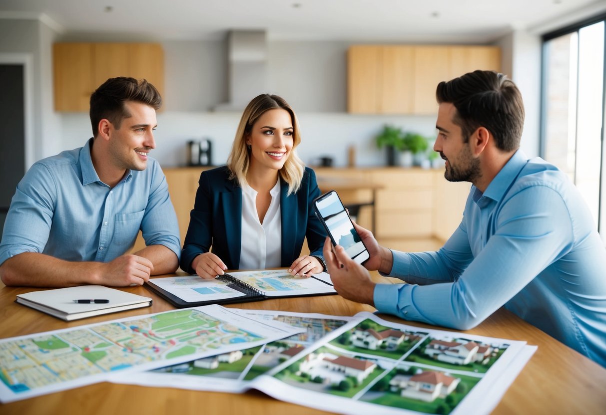 A young couple in Australia receives advice from a UK property advisor via video call, with maps and property listings spread out on the table