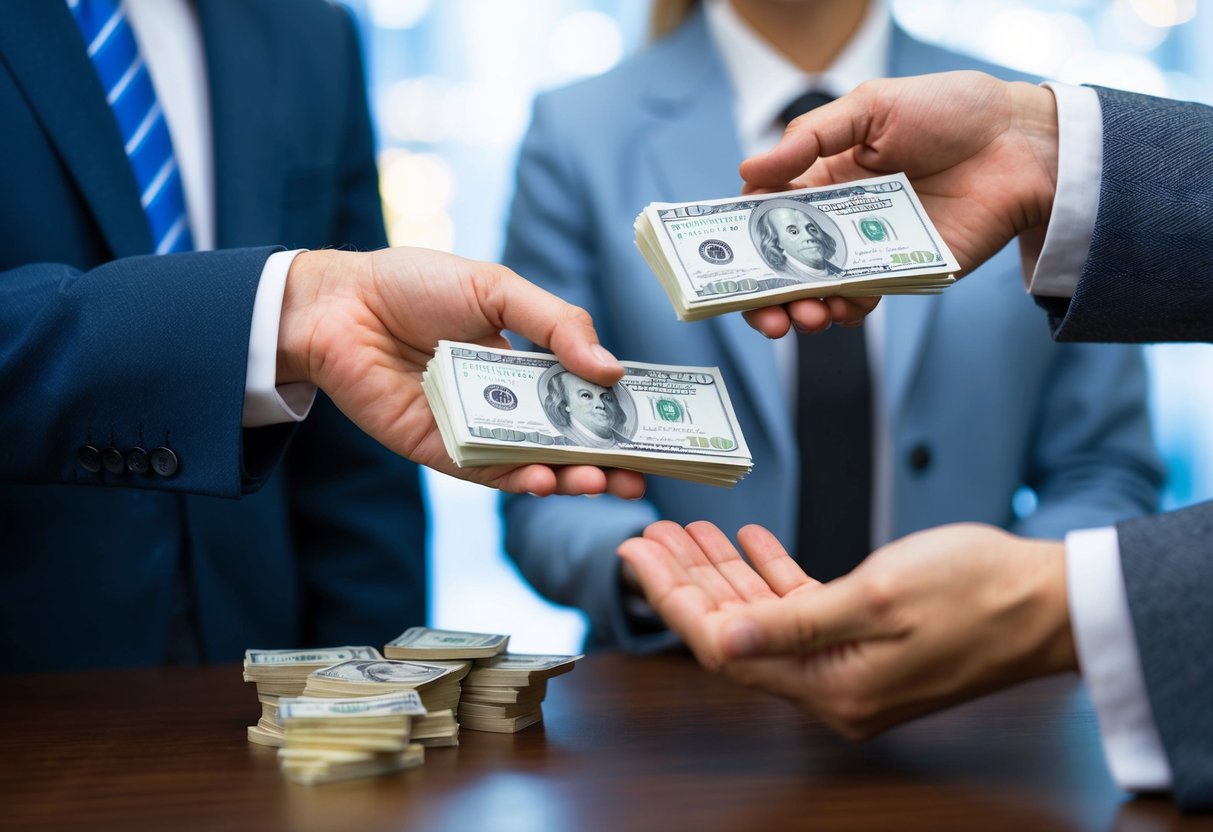 A person in the USA hands over a stack of US dollars to a currency exchange teller, who hands back a smaller stack of British pounds
