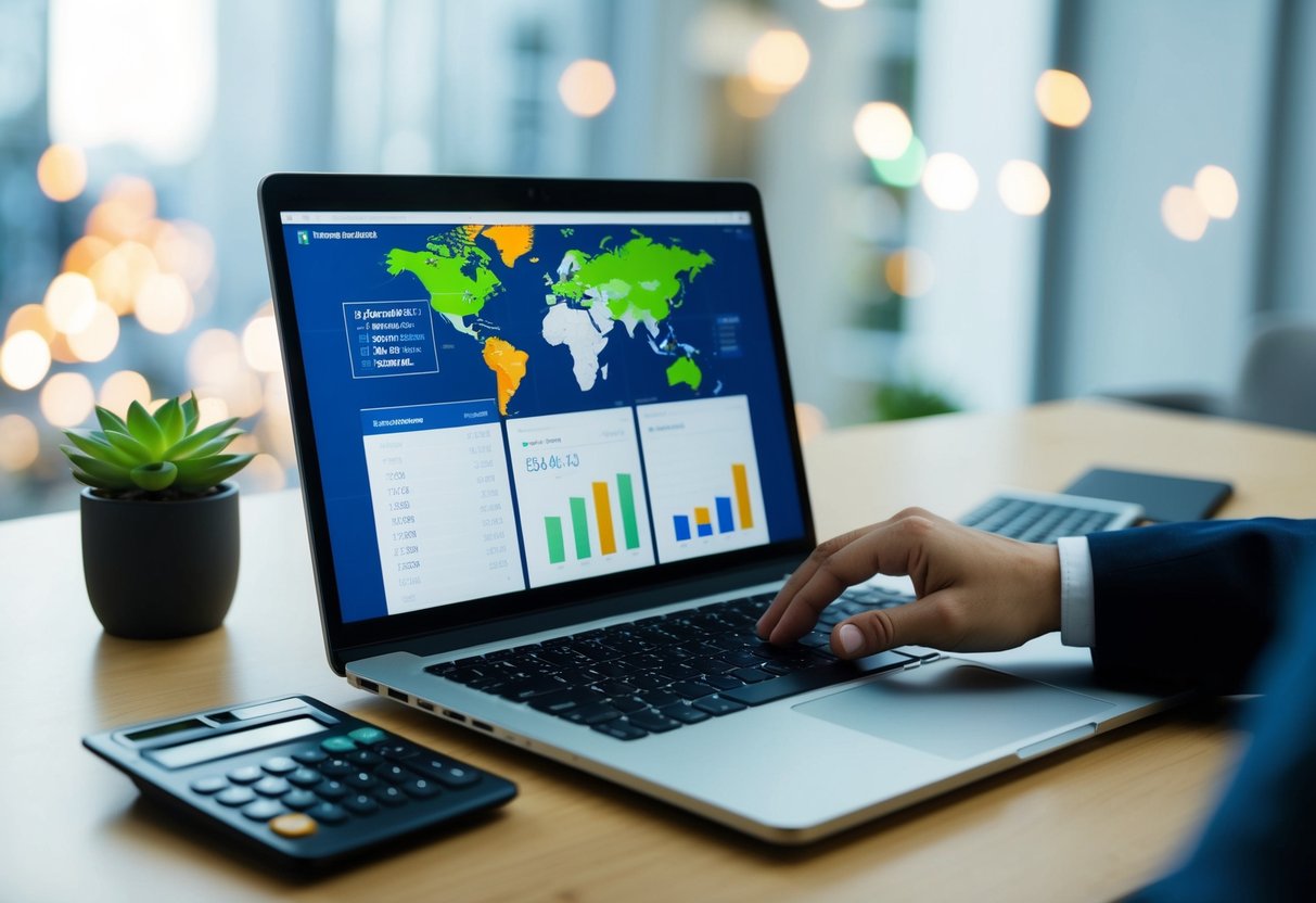 A person researching currency exchange rates and property listings on a laptop with a world map and calculator nearby