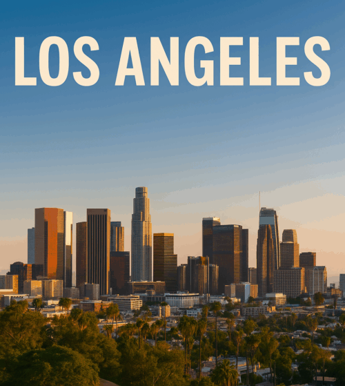 UK expat mortgages for US residents in Los Angeles – downtown LA skyline Downtown Los Angeles skyline at dusk, representing British expats in LA researching UK expat mortgage options from the US