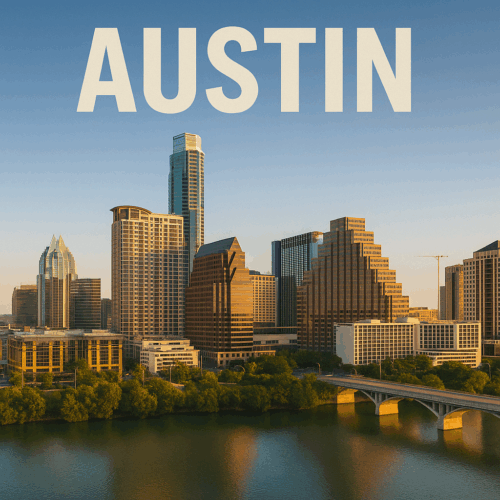 UK expat mortgages for US residents in Austin, Texas – Austin skyline Austin, Texas skyline over the river, representing British expats in Austin arranging UK expat mortgages from the US
