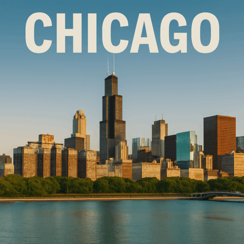 UK expat mortgages for US residents in Chicago – downtown skyline and river Chicago skyline with riverfront buildings, symbolising British expats in Chicago exploring UK expat mortgage solutions