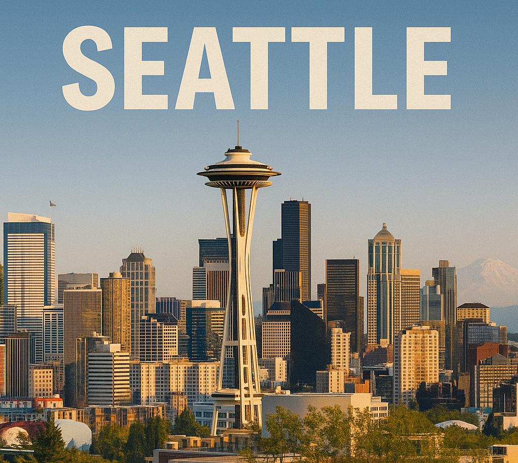 UK expat mortgages for US residents in Seattle – Seattle skyline with Space Needle Seattle skyline featuring the Space Needle, perfect for illustrating British expats in Seattle applying for UK expat mortgages