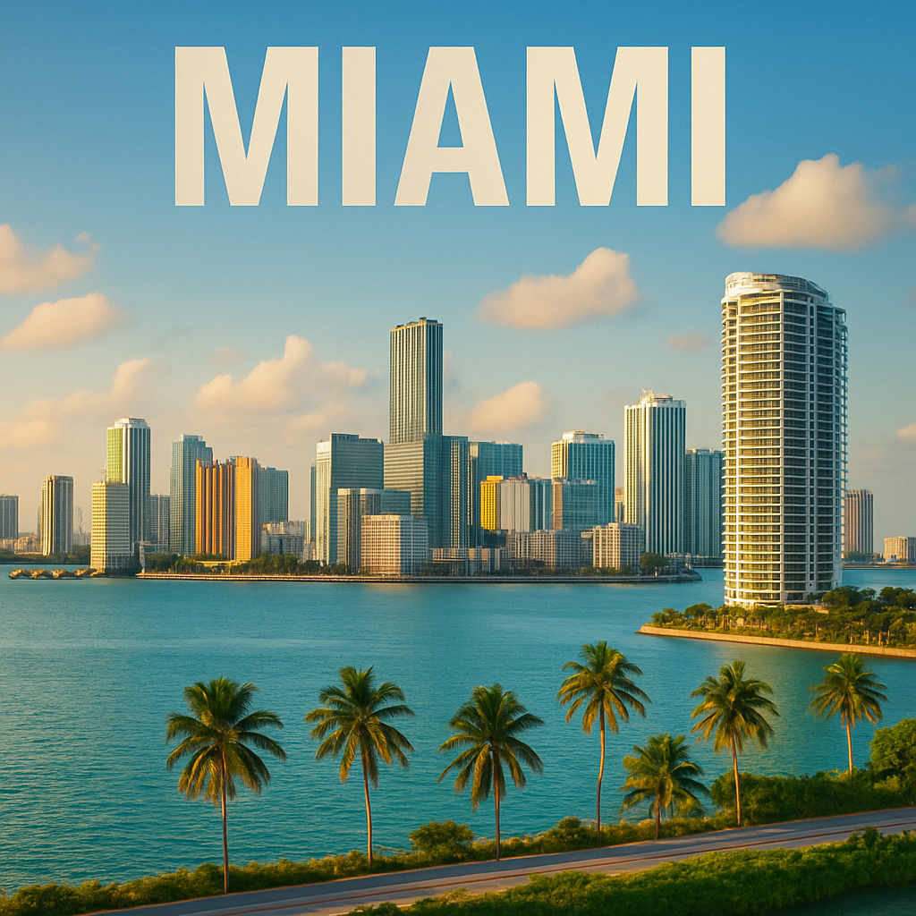 UK expat mortgages for US residents in Miami – Miami skyline and Biscayne Bay Miami skyline with Biscayne Bay and palm trees, representing British expats in Miami arranging UK expat mortgages from the US