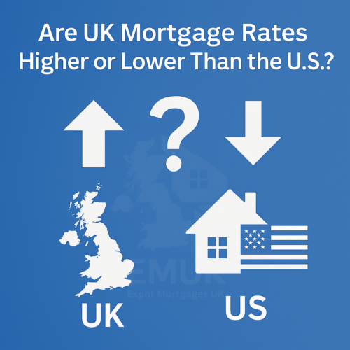 Red background graphic comparing UK versus U.S. mortgage rates for expat buyers.
