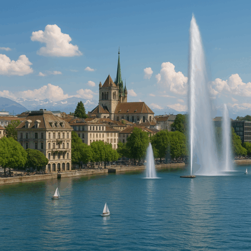 Geneva Waterfront – Major Hub for British Expats in Switzerland Seeking UK Mortgages Geneva’s Jet d’Eau and St. Pierre Cathedral viewed over Lake Geneva, highlighting a prime region where UK mortgage applicants living in Switzerland are based.