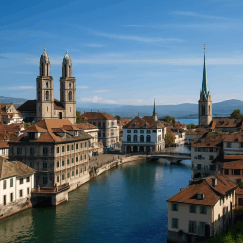 Zürich City Skyline – Popular Base for UK Mortgages for Expats in Switzerland Zürich city skyline with the Limmat River and Grossmünster, representing one of the key locations where British expats in Switzerland live when applying for UK mortgages.