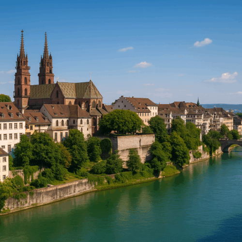 Basel Rhine Skyline – Key Expat Area for UK Mortgage Applicants in Switzerland Basel’s old town and Basel Minster overlooking the Rhine River, a popular location for expats in Switzerland applying for UK mortgages.