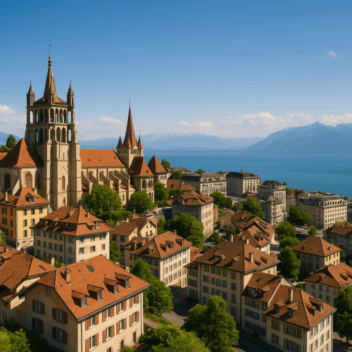 Lausanne Hillside & Lake Geneva – Home Base for Many UK Mortgage Applicants in Switzerland Lausanne cathedral and Lake Geneva viewed from above, representing a key Swiss city where many British expats start their UK mortgage applications.