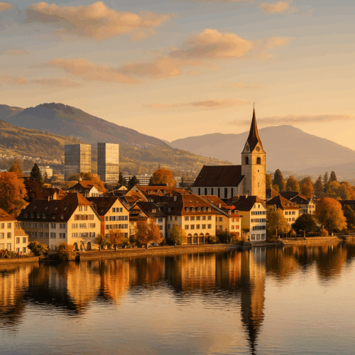 Zug Lakeside Sunset – Favoured by High-Earning Expats Applying for UK Mortgages from Switzerland Lakeside view of Zug at sunset, reflecting a tax-efficient location for British expats in Switzerland arranging UK mortgages and buy-to-let investments.