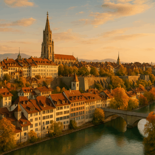 Bern Old Town & Aare River – Central Location for Expats Gaining UK Mortgage Approval from Switzerland Bern’s historic old town and the Aare River at sunset, showing another major region where expats living in Switzerland apply for UK mortgages.